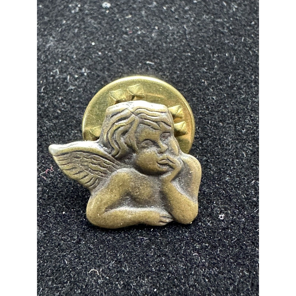 Victorian Thinking Angel Lapel Pin Deep in Thought Antique Brass Stamping Vtg